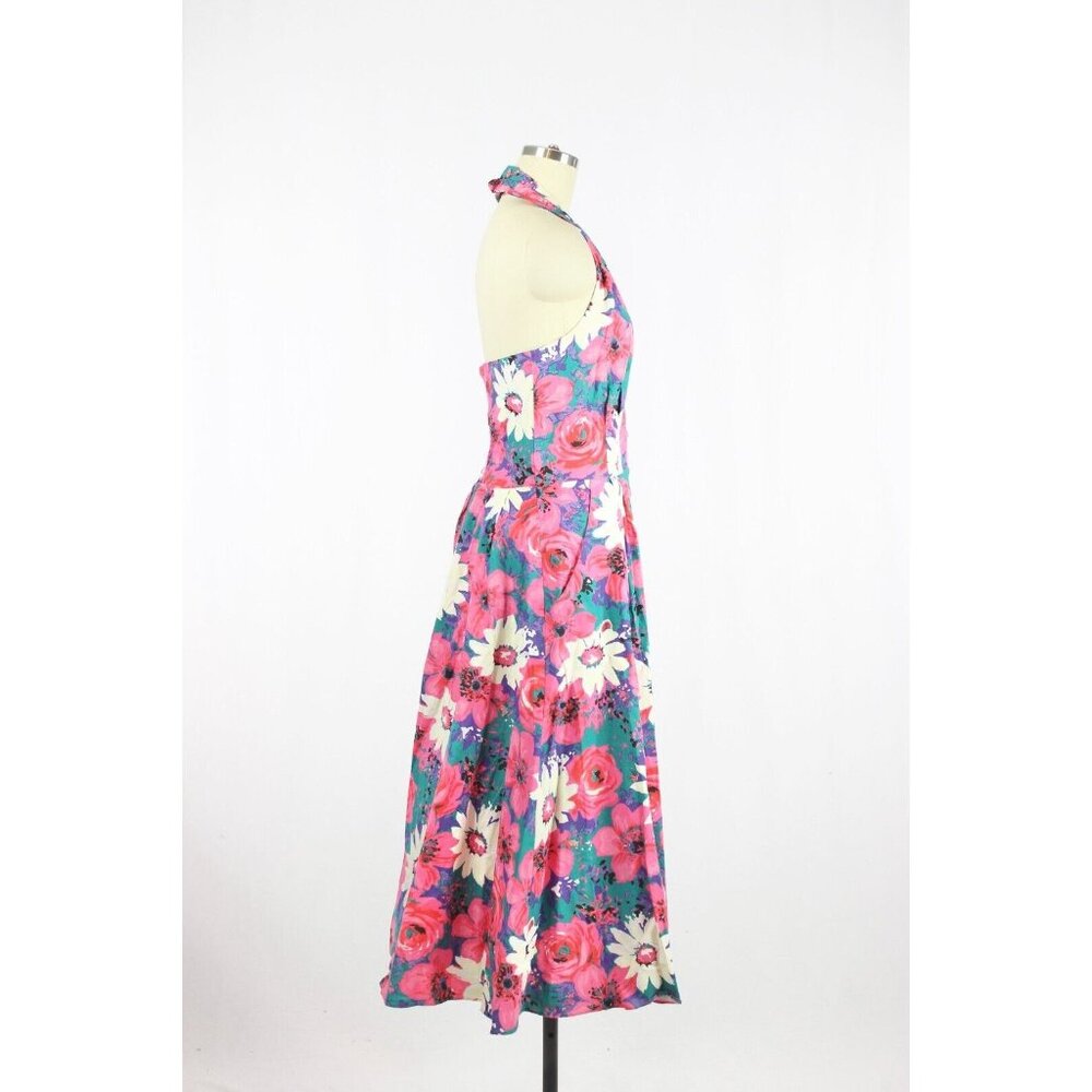 Vintage 80's CANNES Pink Floral Cotton Canvas Halter Midi Circle Dress, Size 14 - Picture 3 of 15